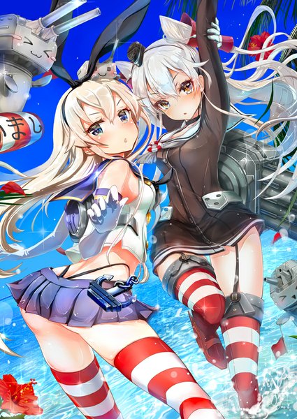 Anime picture 637x900 with kantai collection shimakaze destroyer rensouhou-chan amatsukaze destroyer rensouhou-kun keepout long hair tall image looking at viewer blush blue eyes light erotic blonde hair multiple girls brown eyes ass white hair pleated skirt arm up sparkle