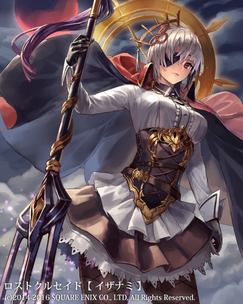 Anime picture 720x900 with lost crusade square enix mismi single tall image looking at viewer short hair standing sky silver hair cloud (clouds) long sleeves pleated skirt pink eyes wind official art from below watermark frilly skirt underbust