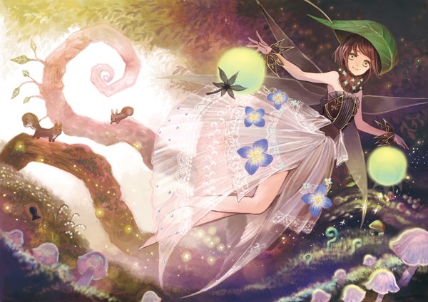 Anime picture 1500x1060 with original sugi (artist) single looking at viewer short hair smile brown hair brown eyes bent knee (knees) barefoot bare legs legs glow girl dress flower (flowers) animal mushroom (mushrooms) squirrel