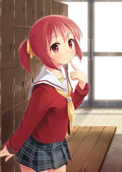 Anime picture 1729x2445 with original sawada yuusuke single tall image looking at viewer blush highres short hair smile red eyes pink hair girl skirt uniform school uniform