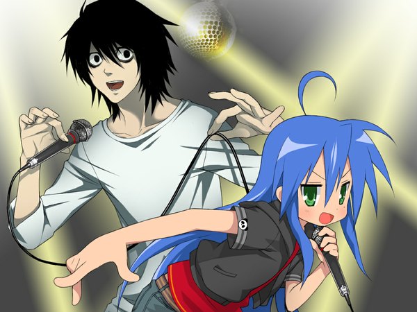 Anime picture 1024x768 with lucky star death note kyoto animation madhouse izumi konata l (death note) chimachi long hair black hair green eyes blue hair ahoge very long hair crossover singing girl microphone hands disco ball
