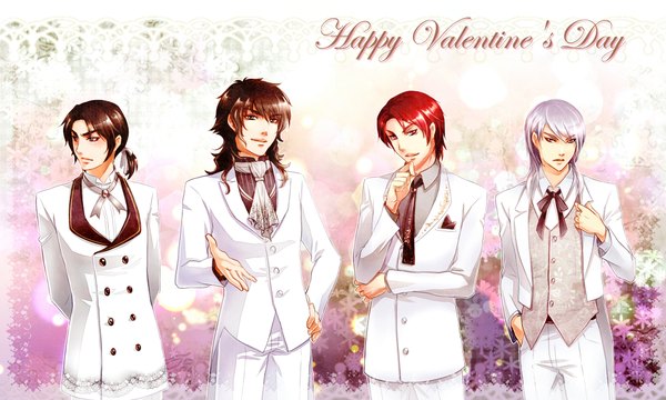 Anime picture 2000x1200 with tagme (copyright) v-sil long hair blush highres short hair red eyes brown hair wide image brown eyes silver hair ponytail red hair inscription multiple boys grey eyes valentine formal boy necktie