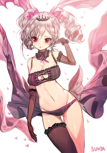 Anime picture 700x1000 with idolmaster idolmaster cinderella girls kanzaki ranko sorolp single long hair tall image looking at viewer breasts open mouth light erotic red eyes large breasts standing twintails bare shoulders silver hair bare belly underwear only drill hair