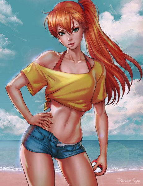 Anime picture 3508x4559 with pokemon nintendo misty (pokemon) dandon fuga single long hair tall image looking at viewer fringe highres light erotic hair between eyes bare shoulders green eyes signed absurdres sky cloud (clouds) orange hair realistic