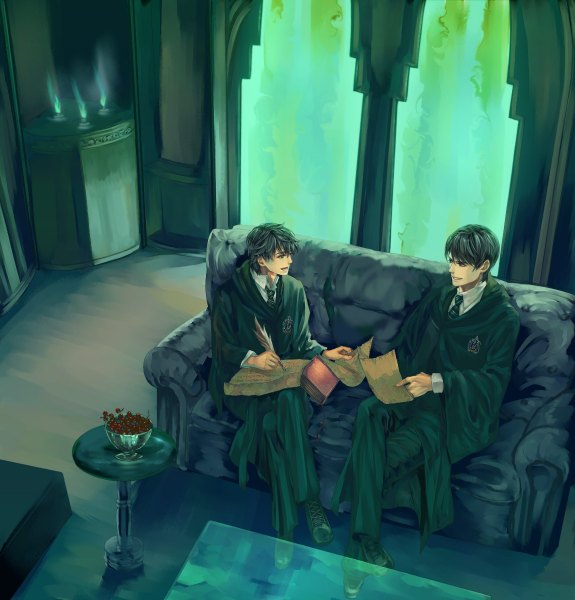 Anime picture 1150x1200 with harry potter tom marvolo riddle albus severus potter flayu (artist) tall image short hair black hair red eyes sitting green eyes boy uniform school uniform necktie food pants feather (feathers) couch fruit berry (berries)