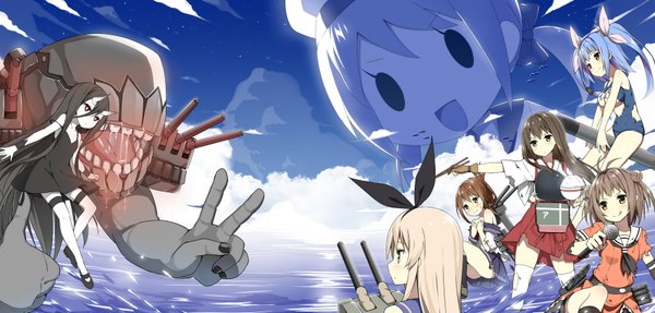 Anime picture 1700x814 with kantai collection shimakaze destroyer rensouhou-chan inazuma destroyer akagi aircraft carrier i-19 submarine battleship-symbiotic hime naka light cruiser fairy (kantai collection) sky-freedom long hair blush breasts open mouth light erotic black hair blonde hair smile hair between eyes red eyes