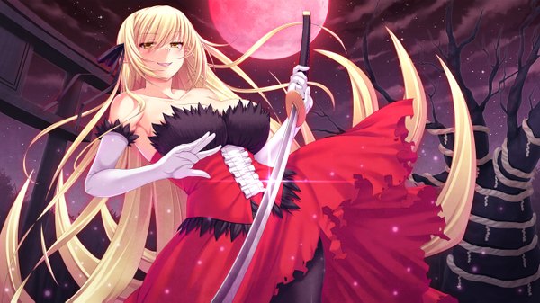 Anime picture 1332x749 with kizumonogatari shaft (studio) monogatari (series) kissshot acerolaorion heartunderblade miyai max long hair open mouth blonde hair smile wide image bare shoulders yellow eyes night red moon girl dress gloves weapon plant (plants) sword