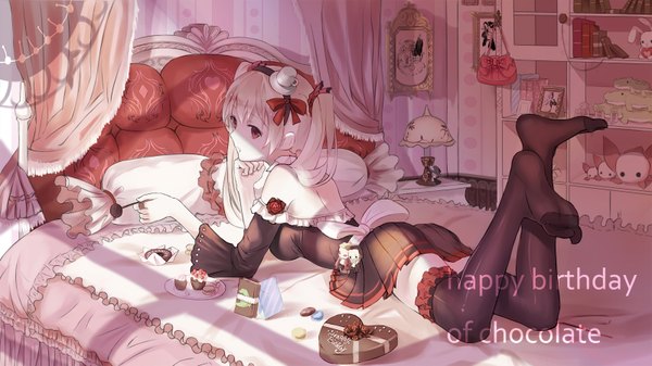 Anime picture 1600x900 with original red flowers single long hair red eyes wide image looking away white hair lying girl thighhighs dress black thighhighs hat food sweets bed mini hat chocolate mini top hat