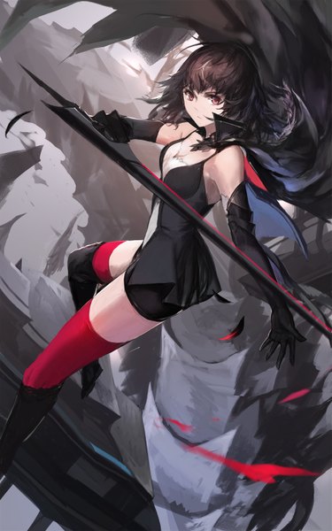 Anime picture 945x1512 with original pixiv fantasia pixiv fantasia t swd3e2 single long hair tall image looking at viewer fringe black hair bare shoulders holding bent knee (knees) pink eyes from above wind snow mountain leg lift (legs lift) girl
