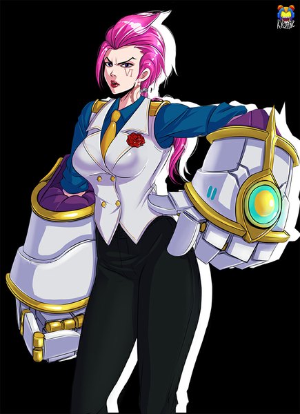 Anime picture 726x1000 with league of legends vi (league of legends) kyoffie12 long hair tall image looking at viewer simple background purple eyes pink hair tattoo black background girl weapon huge weapon