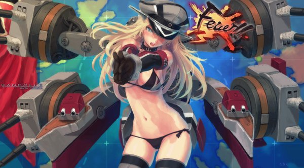Anime picture 1810x1000 with kantai collection bismarck battleship tama sphere single long hair looking at viewer blush highres breasts open mouth blue eyes light erotic blonde hair wide image large breasts inscription bare belly pointing at viewer speaking girl