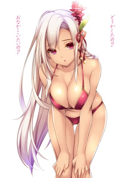Anime picture 1350x1800 with flower knight girl red ginger (flower knight girl) moneti (daifuku) single long hair tall image looking at viewer breasts light erotic simple background large breasts white background bare shoulders cleavage white hair braid (braids) pink eyes hair flower leaning leaning forward