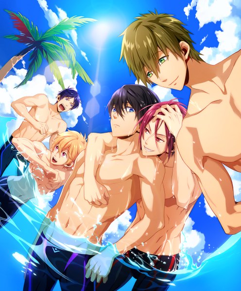 Anime picture 1000x1209 with free! kyoto animation matsuoka rin nanase haruka (free!) tachibana makoto hazuki nagisa ryugazaki rei ali-chino tall image short hair open mouth blue eyes black hair blonde hair red eyes brown hair green eyes blue hair pink hair sky