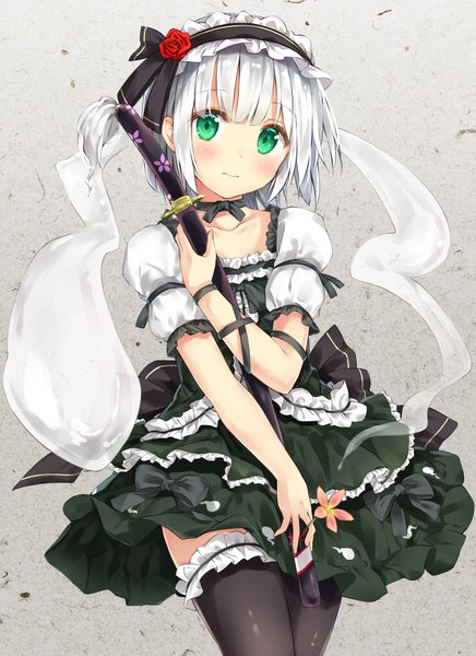 Anime picture 757x1041 with touhou konpaku youmu myon izuru single tall image looking at viewer blush fringe short hair holding green eyes silver hair short sleeves embarrassed zettai ryouiki puffy sleeves floral print lolita fashion sheathed