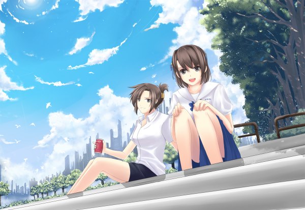 Anime picture 1200x828 with original nequioze (artist) looking at viewer short hair open mouth black hair smile sitting multiple girls signed sky cloud (clouds) black eyes sunlight shadow cityscape girl skirt uniform hair ornament