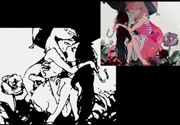 Anime picture 1280x890 with adventure time marceline (adventure time) princess bubblegum (adventure time) long hair black hair simple background blonde hair bare shoulders multiple girls pink eyes couple hug black background monochrome pale skin zoom layer vampire almost kiss girl dress