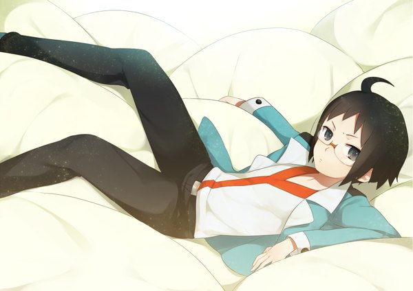 Anime picture 1869x1323 with pokemon pokemon black and white nintendo cheren (pokemon) kippu single looking at viewer highres short hair black hair ahoge lying black eyes boy glasses pants