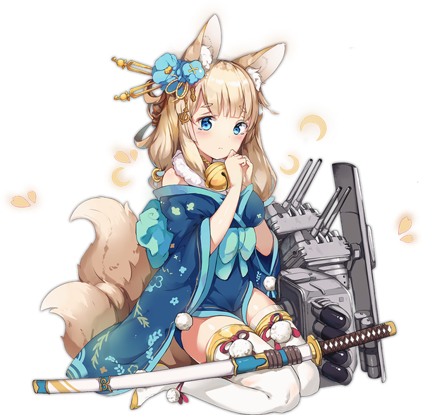 Anime picture 1024x1006 with azur lane niizuki (azur lane) alisa (illustrator) single long hair looking at viewer blush blue eyes blonde hair animal ears full body tail traditional clothes animal tail hair flower wide sleeves embarrassed zettai ryouiki fox ears kneeling