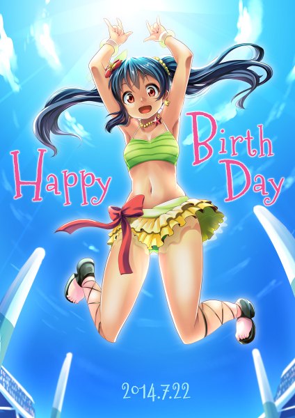 Anime picture 848x1200 with love live! school idol project sunrise (studio) love live! yazawa nico hitsuji (hitsuji kikaku) single long hair tall image looking at viewer open mouth black hair smile red eyes twintails arms up bare belly from below armpit (armpits) dated jumping
