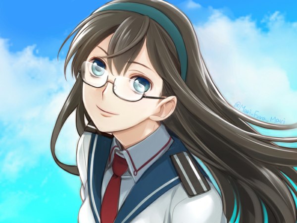 Anime picture 800x600 with kantai collection ooyodo light cruiser primary stage single long hair looking at viewer black hair smile signed sky cloud (clouds) aqua eyes from above wind girl uniform school uniform glasses