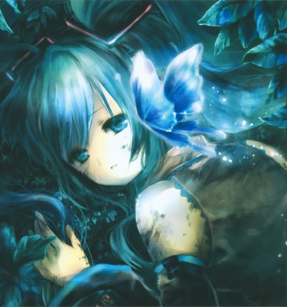 Anime picture 2724x2914 with vocaloid hatsune miku onineko single tall image looking at viewer highres blue eyes bare shoulders blue hair nail polish scan girl plant (plants) leaf (leaves) insect butterfly