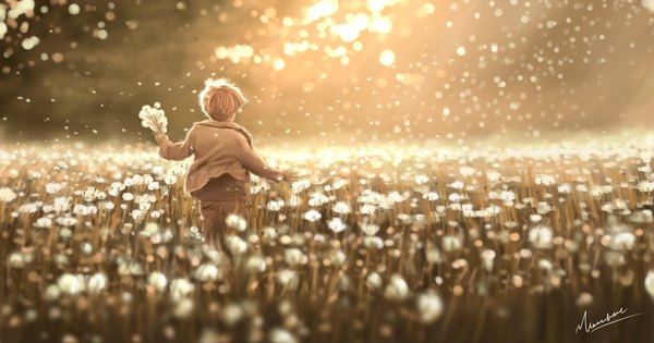 Anime picture 3840x2016 with original kanos single highres short hair blonde hair wide image holding signed absurdres from behind blurry sparkle running field flower (flowers) bouquet child (children) dandelion