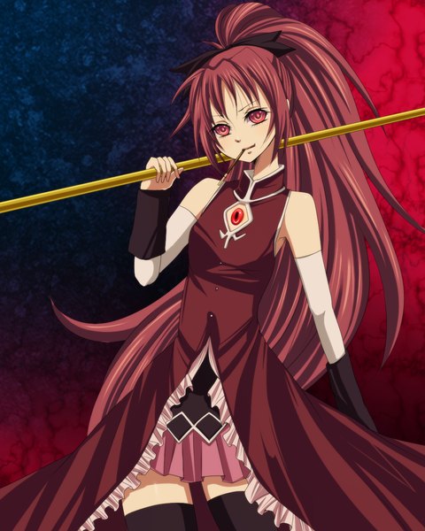 Anime picture 1024x1280 with mahou shoujo madoka magica shaft (studio) sakura kyouko yuha (yh-krm) single long hair tall image red eyes ponytail red hair mouth hold girl thighhighs detached sleeves
