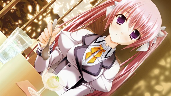 Anime picture 2560x1440 with yaneura no kanojo dp minase (artist) single long hair looking at viewer blush highres wide image purple eyes twintails pink hair game cg girl uniform school uniform food sweets ice cream