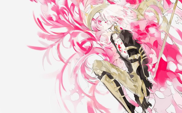 Anime picture 1600x1000 with fate (series) fate/grand order karna (fate) emera single short hair blue eyes white background looking away white hair profile face paint boy armor gem single earring spikes