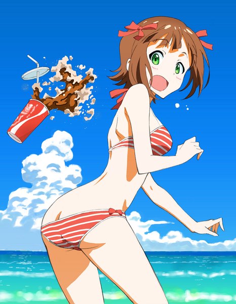 Anime picture 854x1100 with idolmaster amami haruka ginmaru single tall image blush fringe short hair open mouth light erotic brown hair green eyes sky cloud (clouds) ass looking back horizon summer surprised girl
