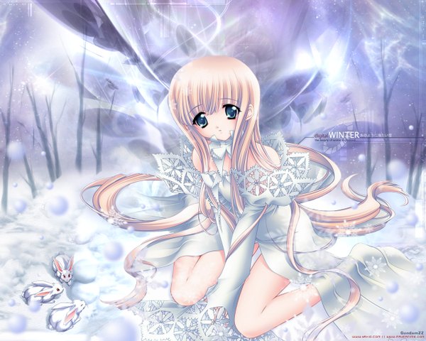 Anime picture 1280x1024 with carnelian single looking at viewer fringe blue eyes blonde hair hair between eyes sitting bare shoulders full body blunt bangs very long hair inscription text wariza sleeves past wrists winter snow english between legs