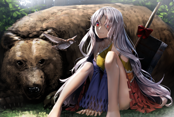 Anime picture 1490x1000 with touhou sakata nemuno ryosios single long hair looking at viewer fringe smile red eyes sitting bare shoulders silver hair bent knee (knees) outdoors hair over one eye bare legs wavy hair convenient censoring girl dress