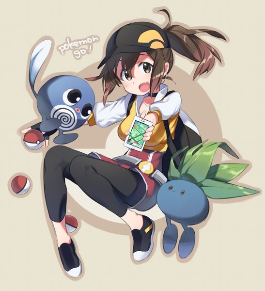 Anime picture 1196x1312 with pokemon pokemon (game) pokemon go nintendo female protagonist (pokemon go) oddish poliwag ka-no single long hair tall image looking at viewer fringe open mouth simple background hair between eyes brown hair brown eyes payot full body