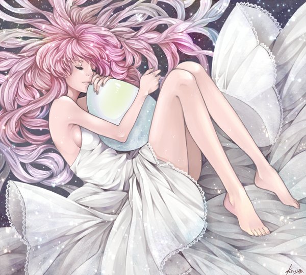 Anime picture 1100x988 with original 29kiccyo single long hair fringe bare shoulders pink hair lying eyes closed barefoot no shoes sleeveless hug dark background space girl dress white dress fireflies egg