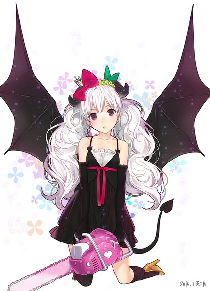 Anime picture 794x1100 with original ama mitsuki single long hair tall image looking at viewer purple eyes white hair tail horn (horns) girl dress gloves bow hair bow wings black gloves elbow gloves chainsaw