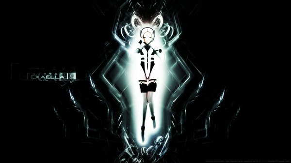 Anime picture 1920x1080 with exaella exaella (character) single highres short hair wide image white hair black eyes inscription dark background futuristic girl headphones bodysuit