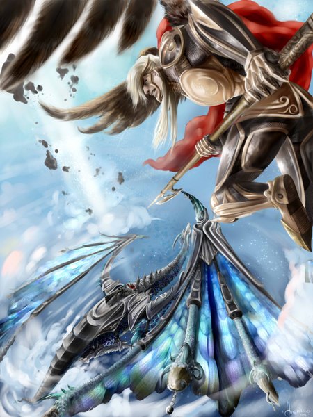 Anime picture 3000x4000 with bazukatm long hair tall image highres green eyes white hair realistic grin light boy weapon wings armor dragon axe
