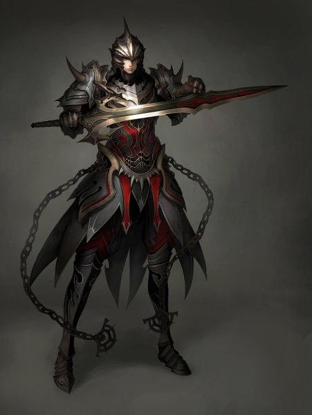 Anime picture 4000x5315 with atlantica online single tall image highres simple background absurdres boy weapon sword armor chain helmet