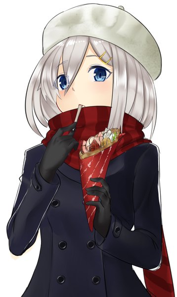 Anime picture 1163x1947 with kantai collection hamakaze destroyer sin (kami148) single tall image looking at viewer fringe short hair blue eyes simple background hair between eyes white background silver hair upper body from below eating girl gloves black gloves food