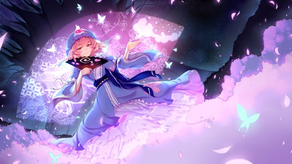 Anime picture 3000x1687 with touhou saigyouji yuyuko wukloo single looking at viewer highres short hair red eyes wide image pink hair girl dress plant (plants) petals tree (trees) bonnet fan