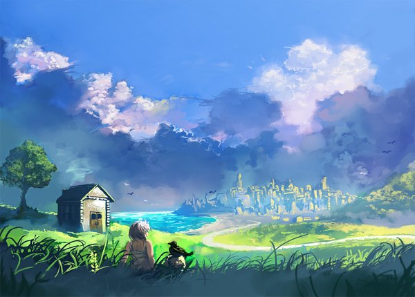 Anime picture 1000x717 with original suchfolder short hair brown hair sky cloud (clouds) girl plant (plants) animal tree (trees) bird (birds) grass house