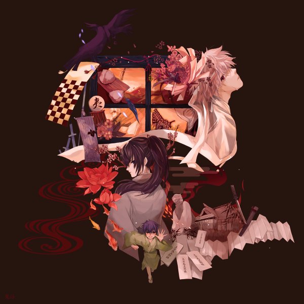 Anime picture 1200x1200 with gintama sunrise (studio) sakata gintoki hijikata toshiro jun kan long hair short hair open mouth blue eyes red eyes brown hair white hair ponytail japanese clothes looking back from behind tears cherry blossoms outstretched arm black background