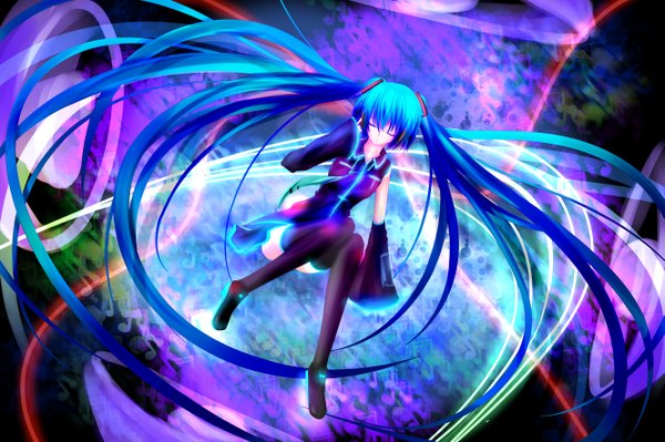 Anime picture 2657x1771 with vocaloid hatsune miku kitamuraeri (artist) single long hair highres twintails blue hair eyes closed girl detached sleeves necktie