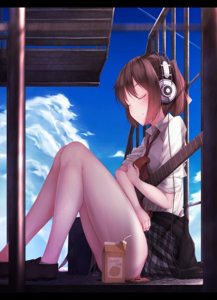 Anime picture 1160x1600 with original waterdog single tall image blush fringe short hair smile brown hair sitting holding sky cloud (clouds) bent knee (knees) eyes closed pleated skirt legs side ponytail letterboxed open collar