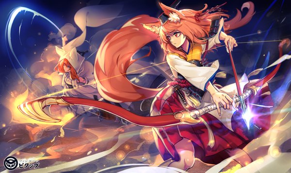 Anime picture 1600x956 with original pixiv fantasia pixiv fantasia t ryuuzaki ichi long hair fringe red eyes wide image standing multiple girls holding long sleeves traditional clothes japanese clothes profile from above orange hair wide sleeves lens flare outstretched arm