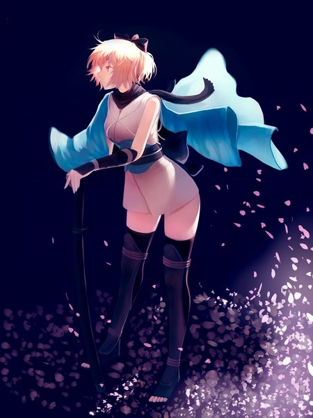 Anime picture 1771x2362 with fate (series) okita souji (fate) (all) okita souji (koha-ace) fakerx single tall image fringe highres short hair simple background blonde hair hair between eyes standing bare shoulders looking away full body ahoge long sleeves traditional clothes japanese clothes
