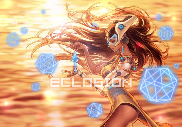 Anime picture 1063x744 with overwatch blizzard entertainment symmetra (overwatch) eclosion single long hair brown hair holding brown eyes signed looking away profile fingernails wind dark skin watermark evening sunset long fingernails arched back