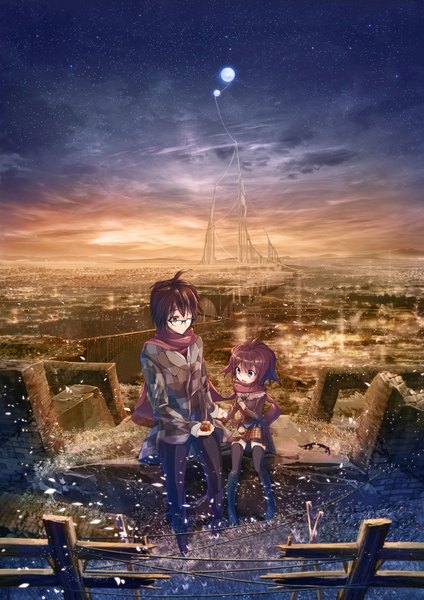 Anime picture 1500x2123 with original inz (pixiv) tall image short hair brown hair sitting purple eyes brown eyes sky cloud (clouds) one eye closed wink city evening cityscape landscape fantasy scenic girl thighhighs
