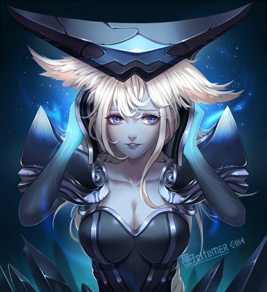 Anime picture 946x1035 with league of legends lissandra (league of legends) gu-ko citemer single long hair tall image looking at viewer breasts open mouth simple background blonde hair smile large breasts purple eyes animal ears cleavage alternate costume blue background alternate hairstyle girl