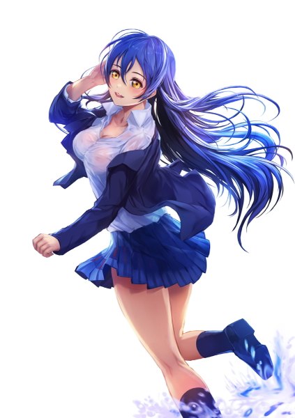 Anime picture 1694x2400 with love live! school idol project sunrise (studio) love live! sonoda umi a-line single long hair tall image blush open mouth simple background white background yellow eyes blue hair girl skirt uniform school uniform shirt socks